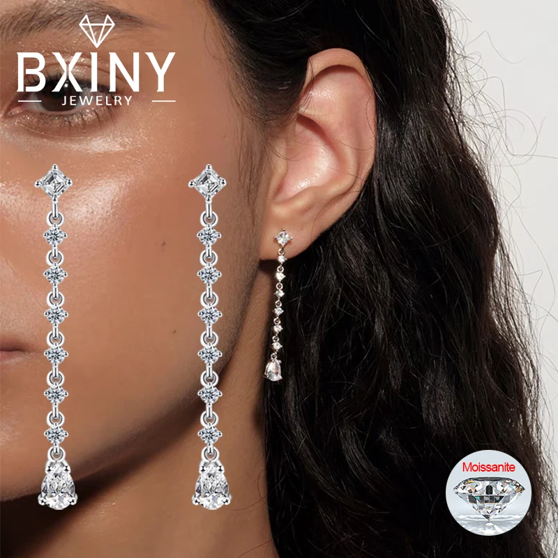

BXINY Long Tassel Water Drop Moissanite Earrings 925 Sterling Silver Asscher/Pear Cut Lab Diamond for Women Wedding Gift Jewelry