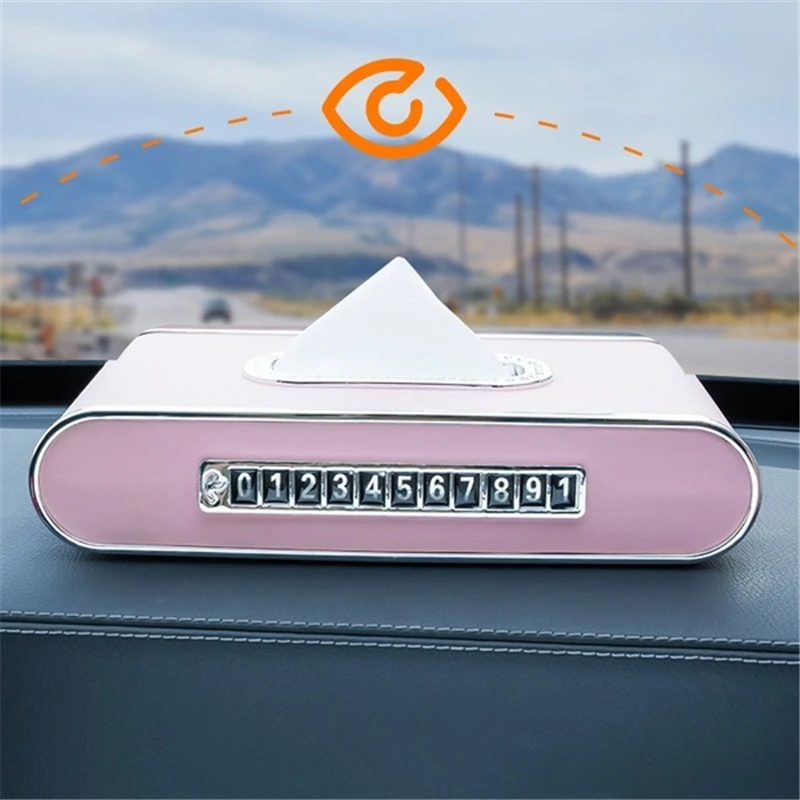 PU Leather Car Tissue Box Holder Car Sun Visor Temporary Parking Card Phone Number Card Plate Car Phone Holder with Clock