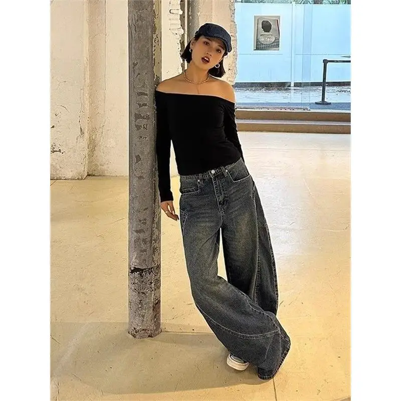 Retro Heavy Du Wide Leg Jeans Women's Autumn Winter Loose Slim Straight Floor-Length Pants High Waist Denim Fabric