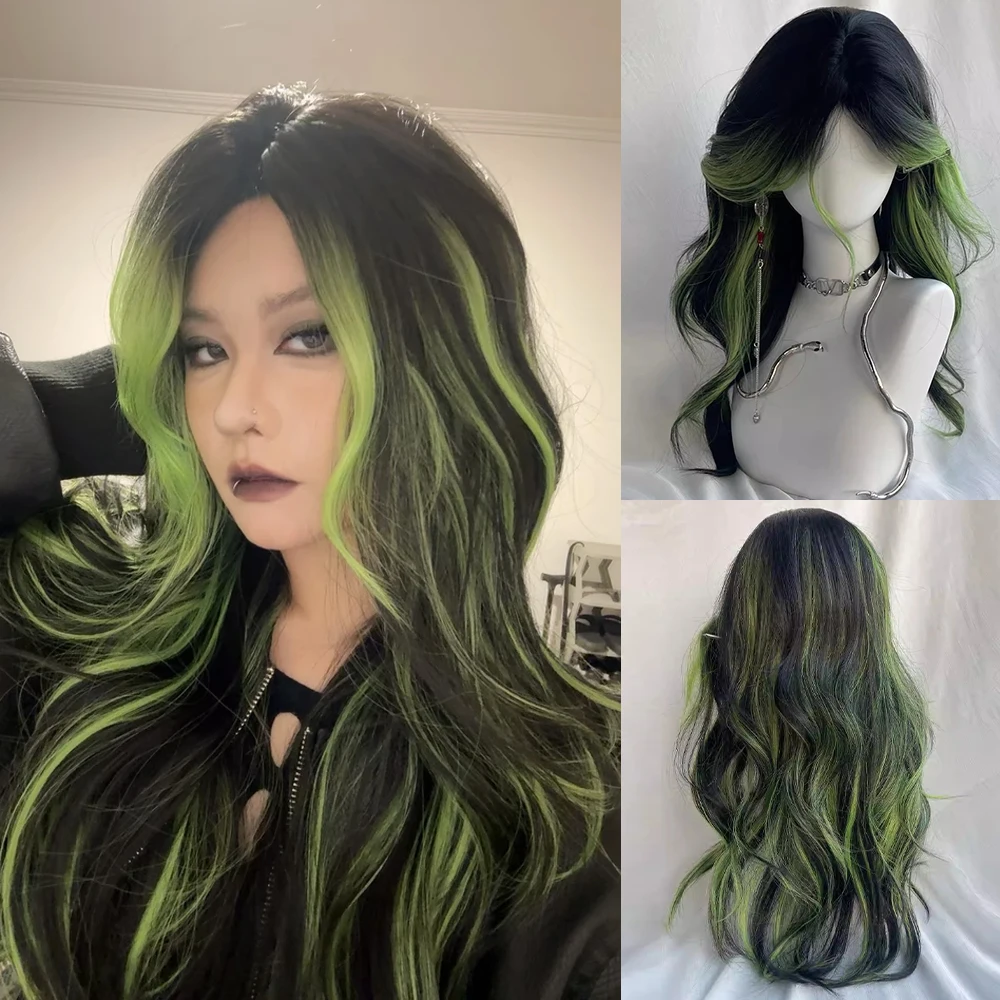 Synthetic Long Wavy Black Ombre Green Layered Wig Middle Part Fluffy Women Lolita Cosplay Wig for Daily Party