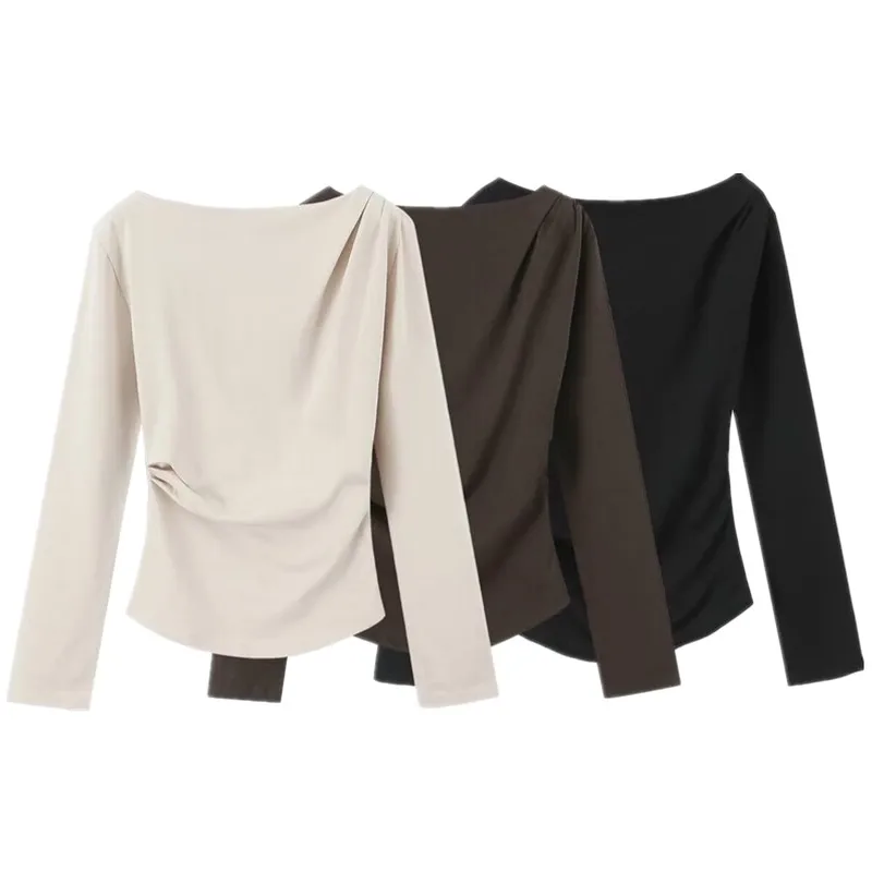 Spring 2025 Women's Long Sve T-irt New Arrival Side Pleat Decorative Design Commute Sle Regular Length Other Material ...