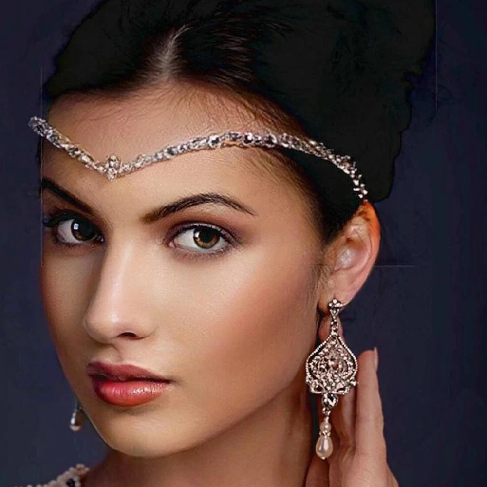 2024 Fashion Luxury Crystal Bridal Forehead Chain Headpiece Jewelry for Women Indian Wedding Headdress Girl Star Decoration Gift