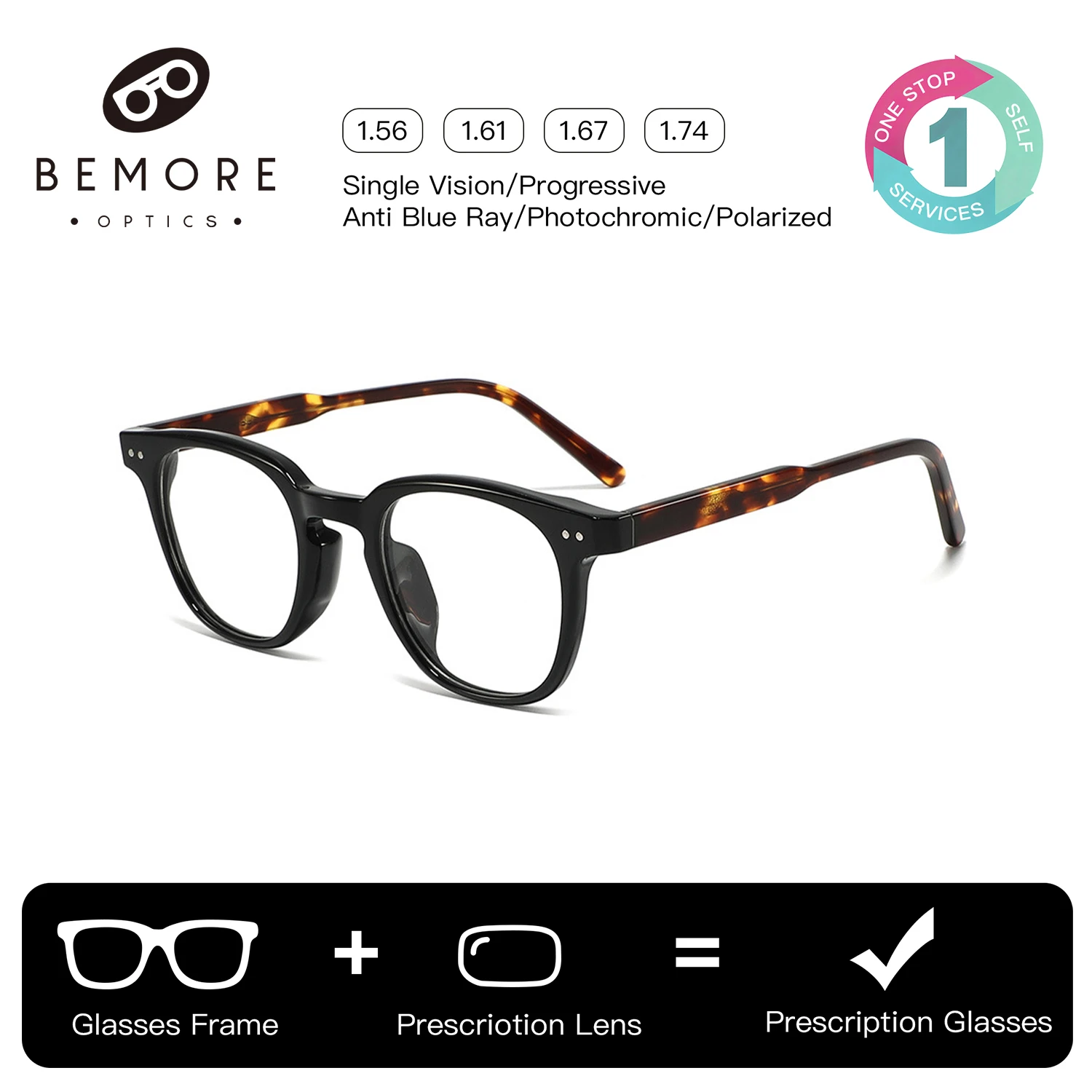 

BEMORE Handmade Acetate Square Round Optical Lenses with Medical Prescription Anti-Blue Light Multifocal Eyeglasse