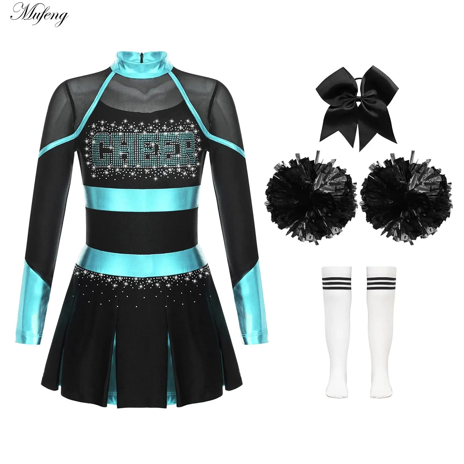 

Girls Cheerleading Uniform Cheerleader Outfit Glittery Long Sleeve Ballet Gymnastic Dress Headwear And Socks for Dance Costumes