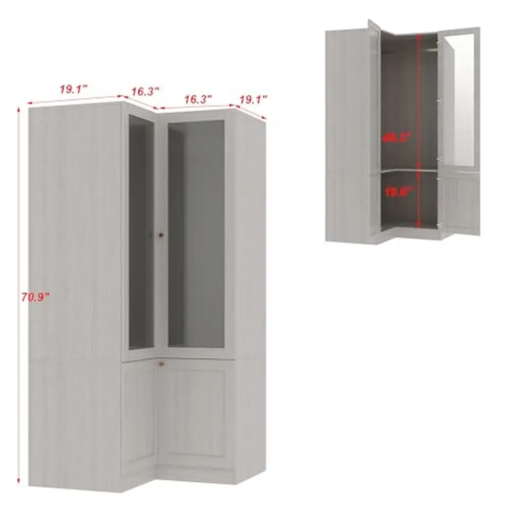 L-Shape Armoire Wardrobe Closet with Frosted Glass Doors Hanging Bars & Shelves Wooden Storage Cabinet Bedroom Organizer