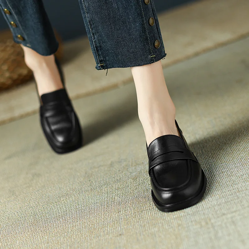 2023 New Spring Autumn Leather Women's Loafers Platform Slip on Shoes for Women Casual Flats Shoes Woman Classics Black Style
