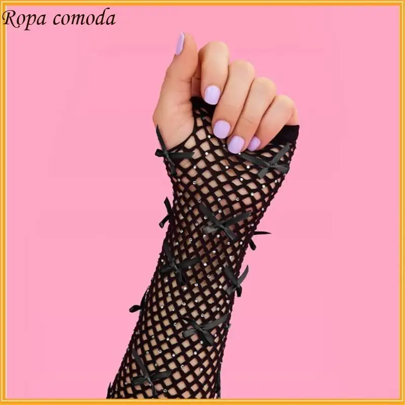 

MXMA Half Finger Gloves Eye Catching Rhinestones Decors Midlength Hand Gloves