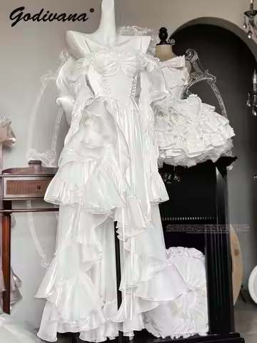 New Fairy White Princess Dress Lolita Sweet Girl Women Strapless Off The Shoulder Big Bow Trailing Long Maxi Party Evening Dress
