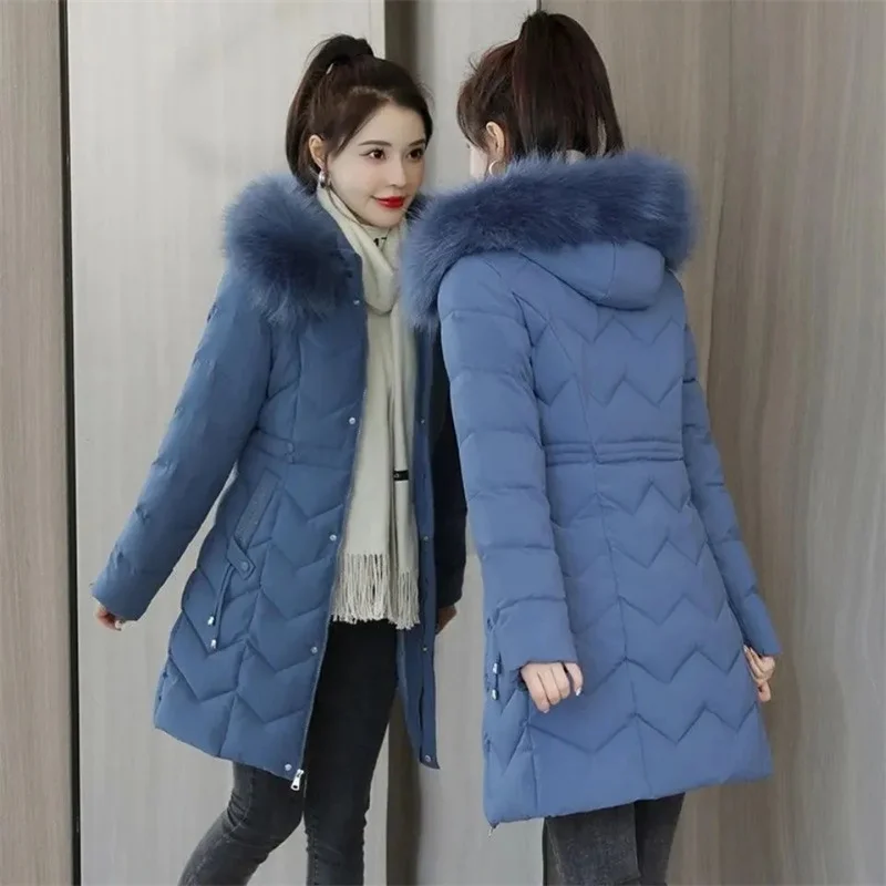 

2025 Winter New Down Cotton Parkas Jacket Women's Long Faux Fur Collar Padded Jacket Thick Loose Large Size Padded Jacket