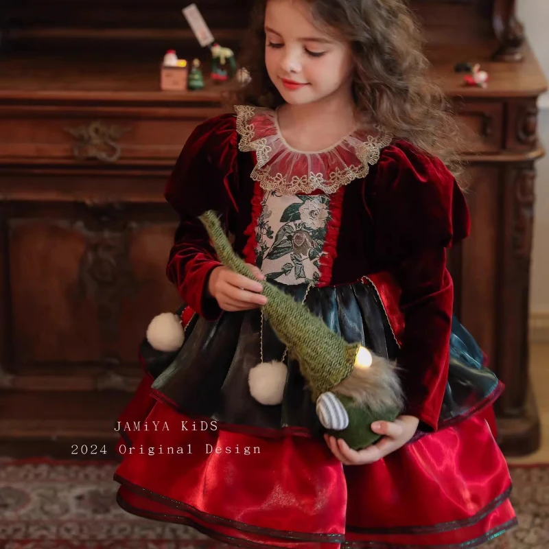 Ins Handmade Flower Girls Lolita Princess Dress Children Festival Boutique Dress Baby Red Festival Quality New Year Clothes