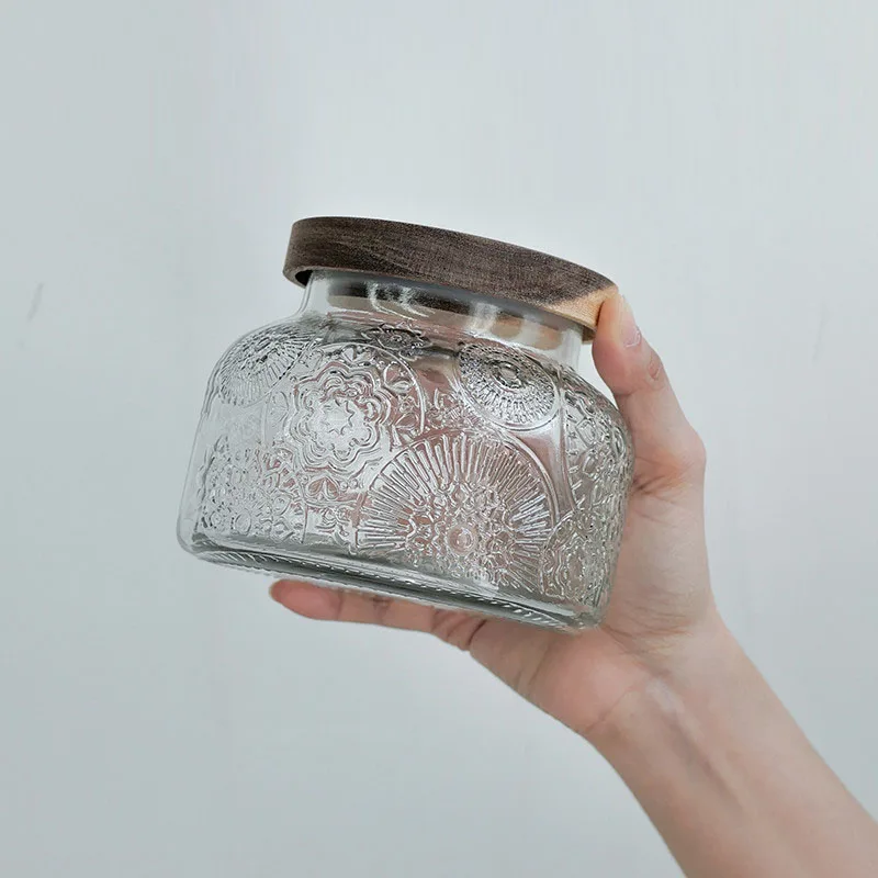 Relief Glass Storage Jar of Crabapple Flower Clear Candy Box Home Airtight Container Kitchen Storage Glass Bottle Candle Holder