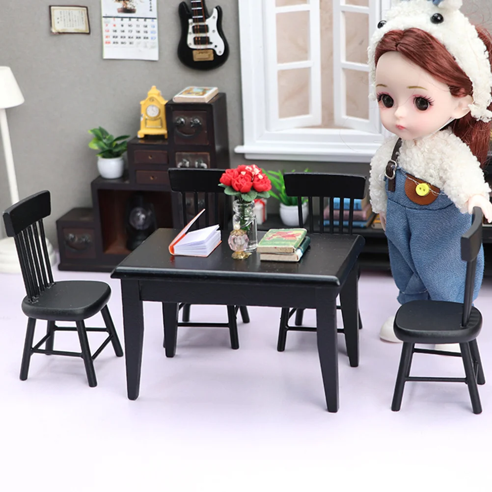 5 Pcs Miniature Furniture Dining Table House Statue 1/12 Scale Figure Accessories Wood Garden Chair