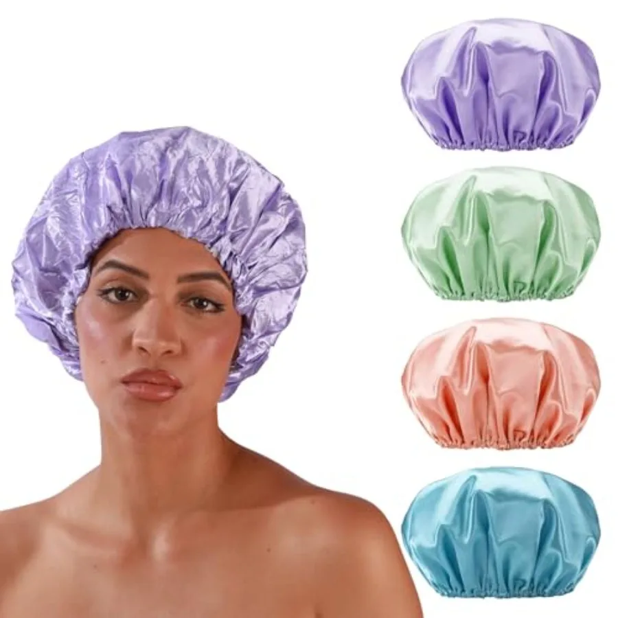 

4 Pack Shower Caps for Women, Reusable Waterproof Double Layer Bath Cap, Large EVA Elastic Hair Cover for Shower, Fits Long Hai