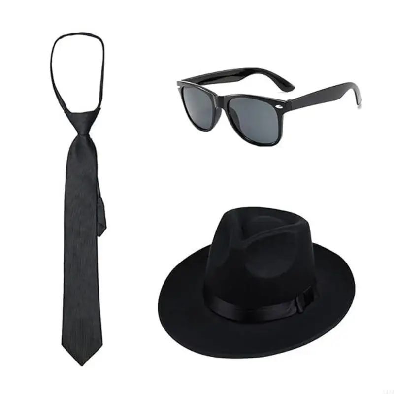 1920s Mens Costume Accessories with Fedoras Gangster Hat,Neck Tie Sunglasses Mobster Costumes Set for Halloween Cosplay