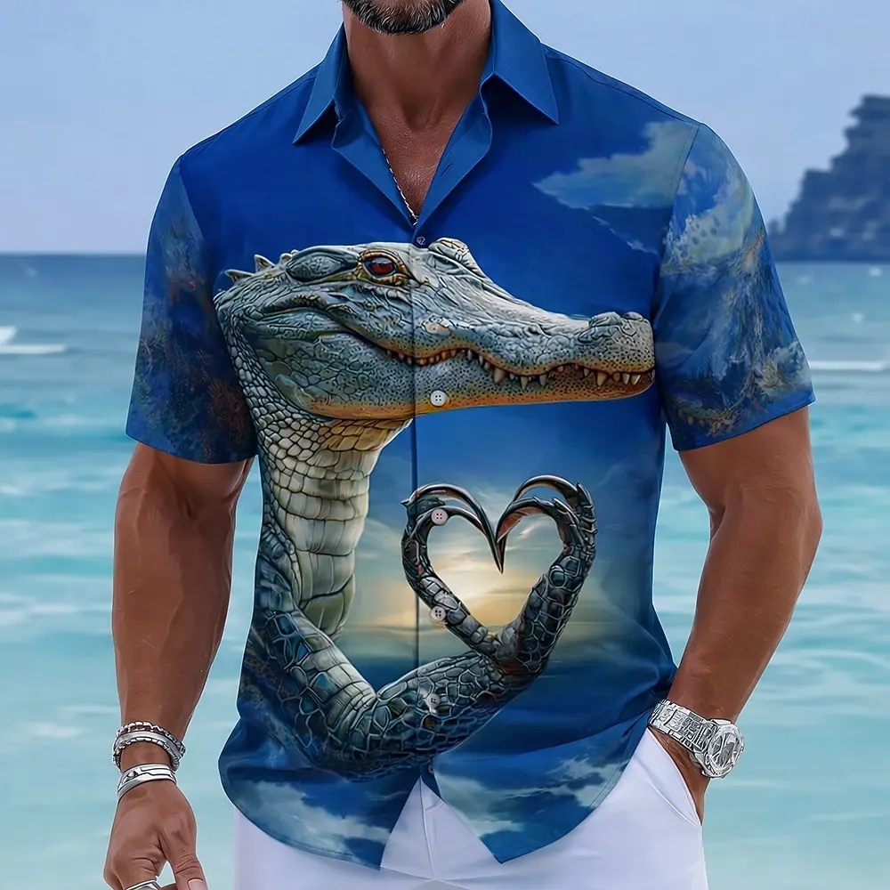 Men's Tropical Crocodile Heart Print Shirt, Exotic Vacation Style Shirt for Summer Beach, Pool Party, Travel & Daily Look