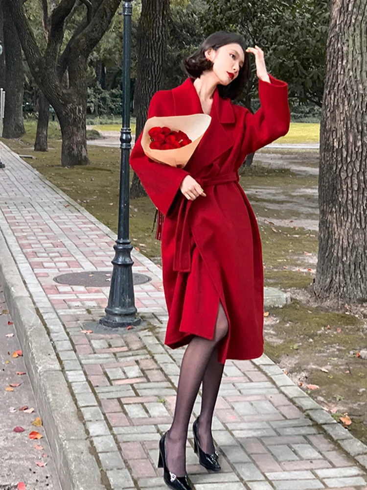 

Double-Sided Camere Woolen Coat for Wedding Toast Women's Spring New Sle High-End Feel Beautiful Outerwear Red Color