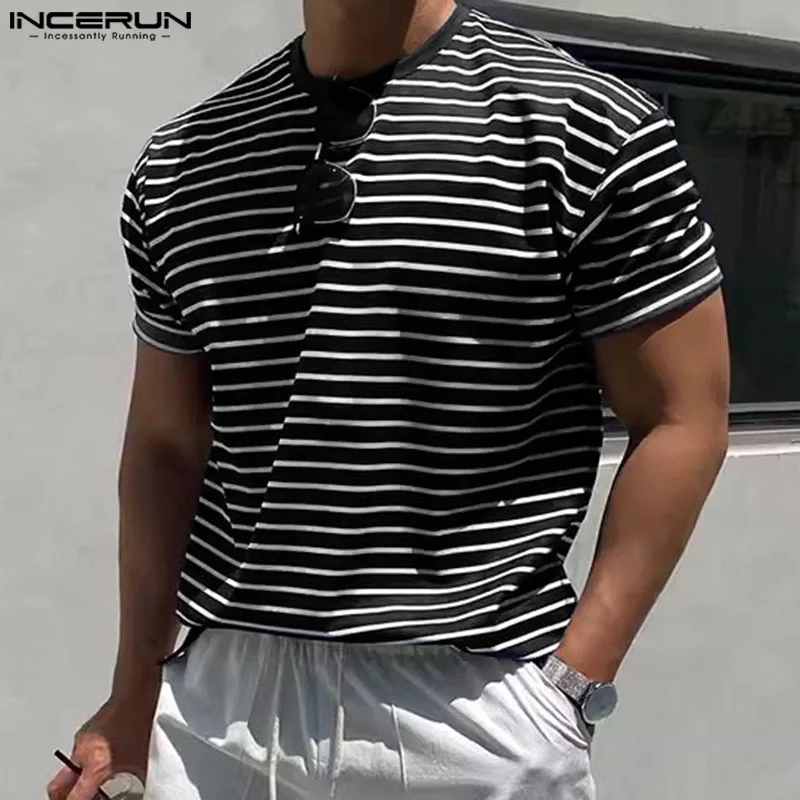 Casual Simple Style Tops INCERUN Men\'s O-neck Striped Shoulder Loose T-shirts Handsome Male Elastic Short Sleeved Camiseta S-5XL