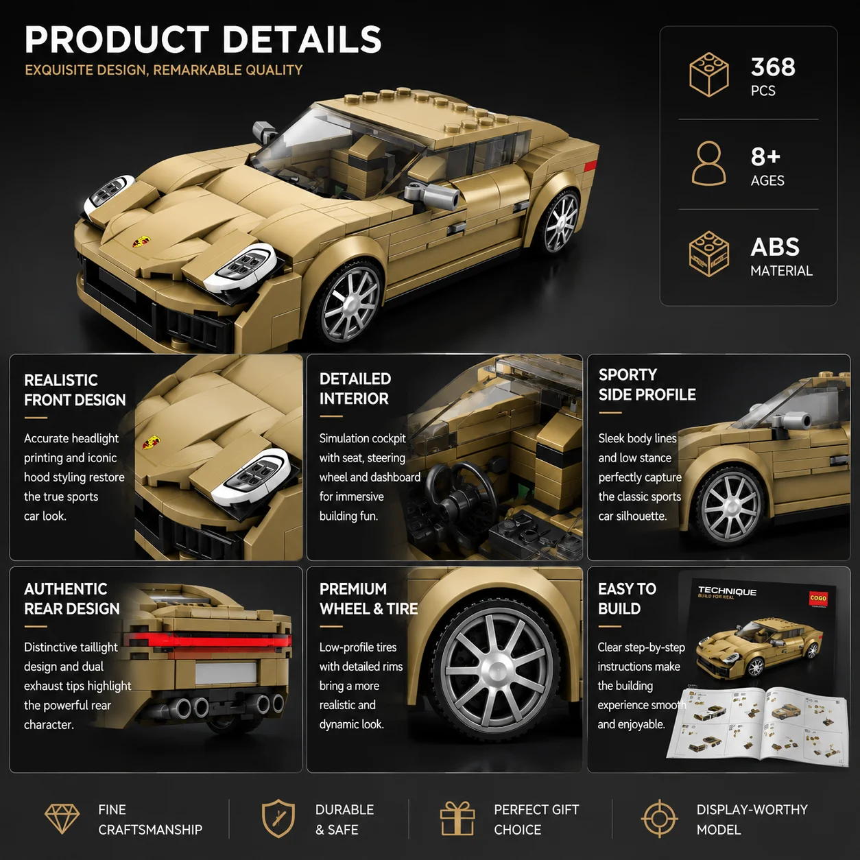 Reobrix 821 Panamera Building Blocks Set - 324PCS Speed Sports Car Model, Collectible Toy Car with Functional Sunroof, Desktop Display Gift for Adults & Kids 6+