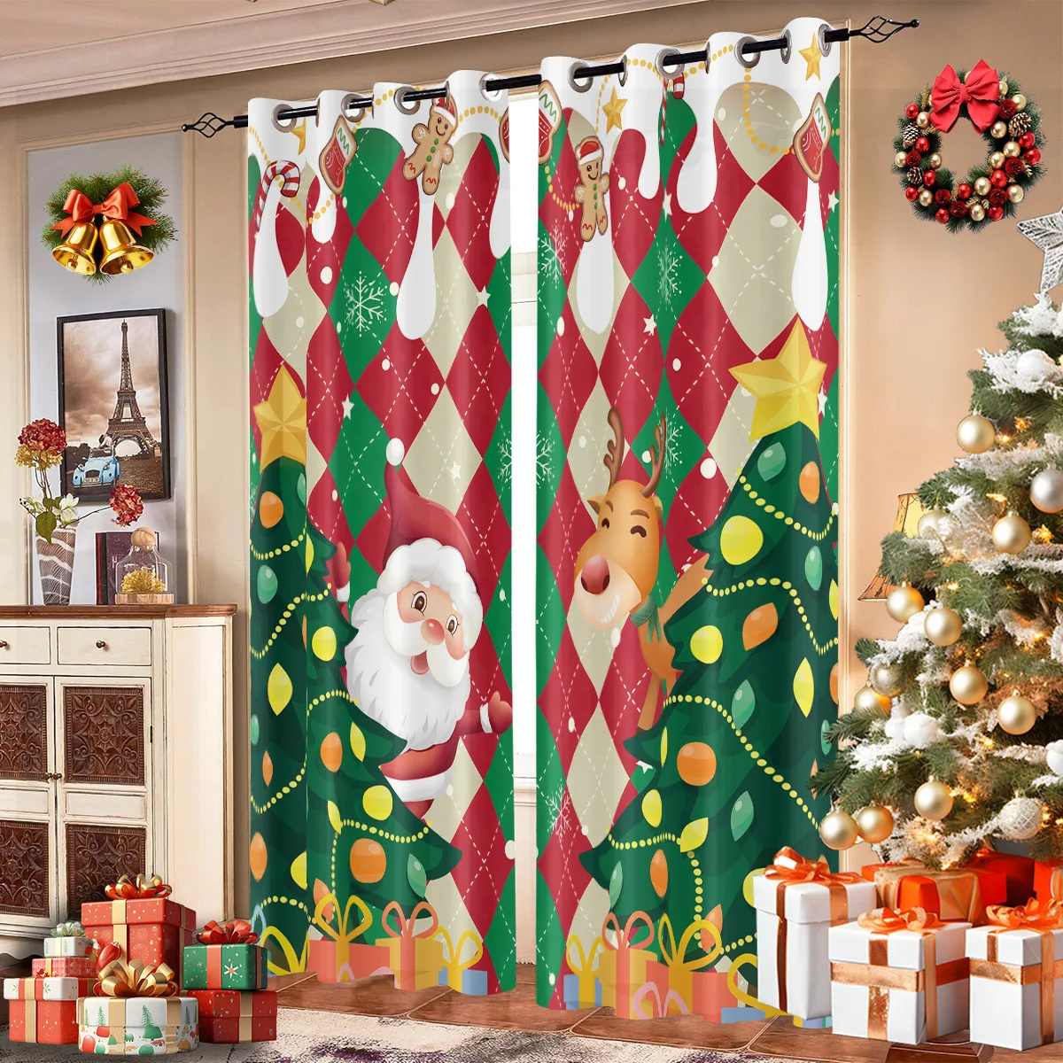 

2 шт., плотные шторы с рождественским оленем и клетчатым принтом, несколько размеров, изоляция для гостиной, легко установить и можно стирать в машине