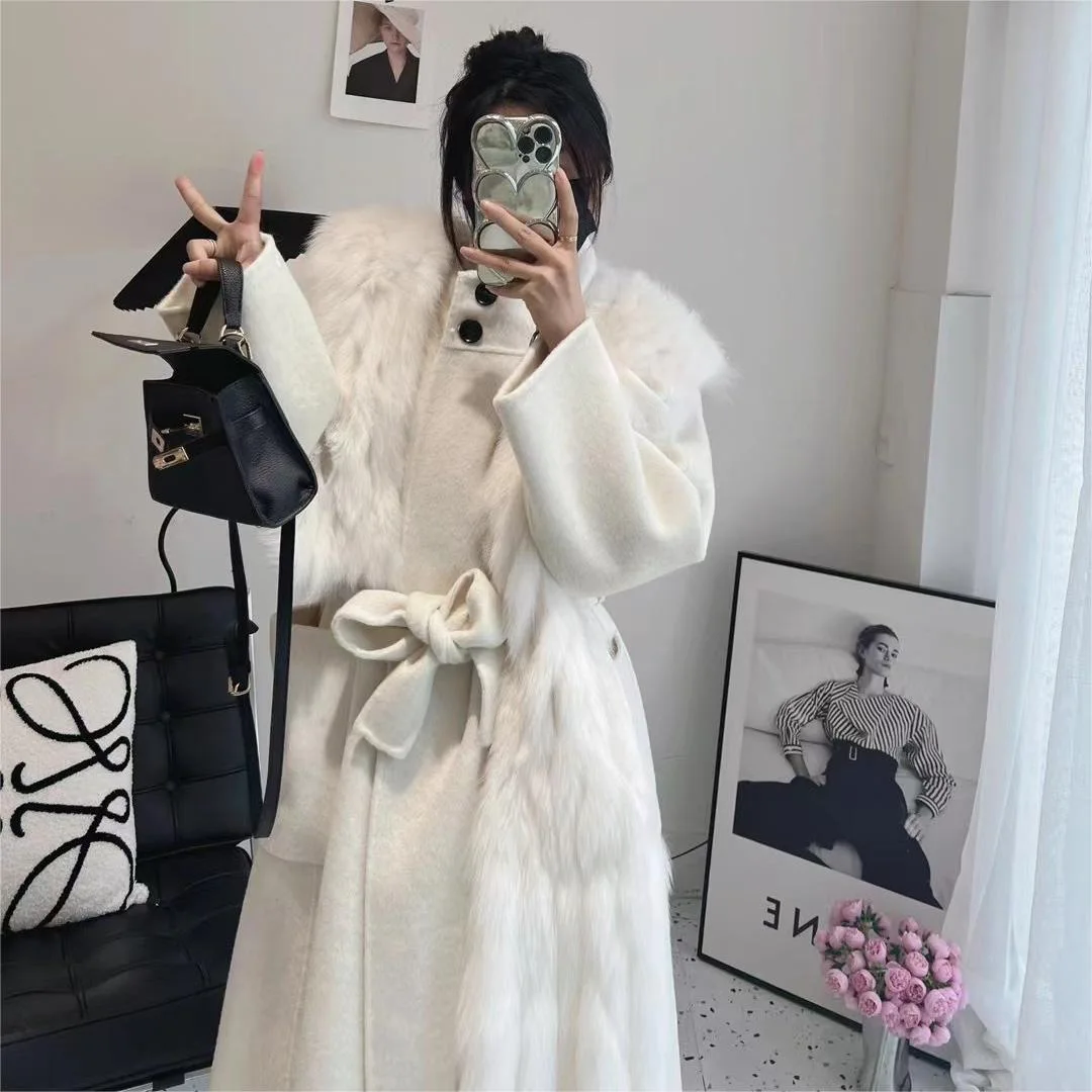 Fox fur coat women\'s 2024 winter new fur coat medium long woolen coat spliced with fox fur