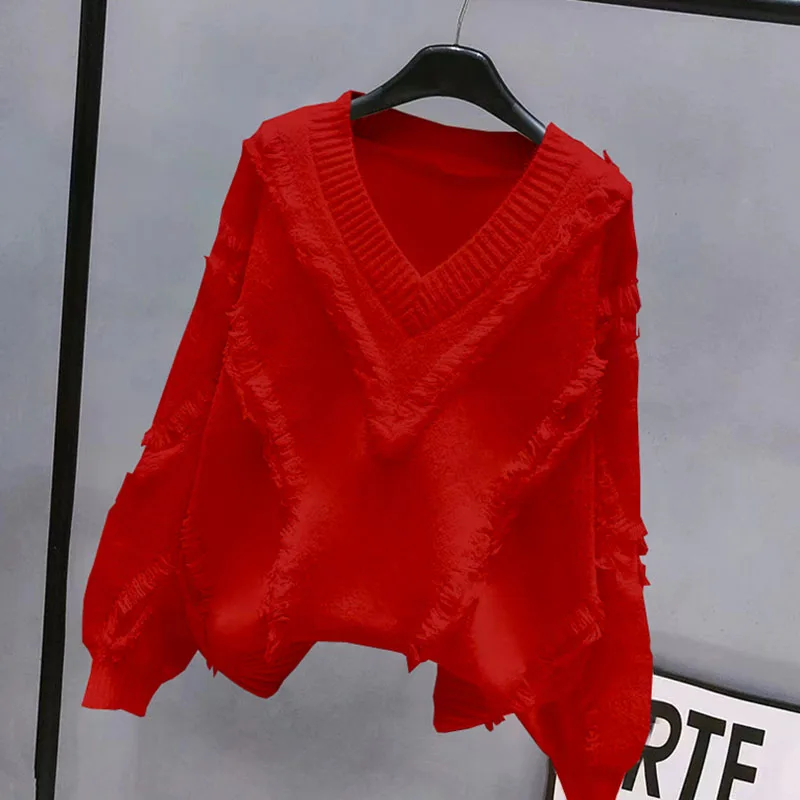 Autumn Sweater Women's Loose V-Neck Tassel 2024 New Autumn Winter Thick Red Base Shirt Outer Wear Top Warm Knitt Sweater Female