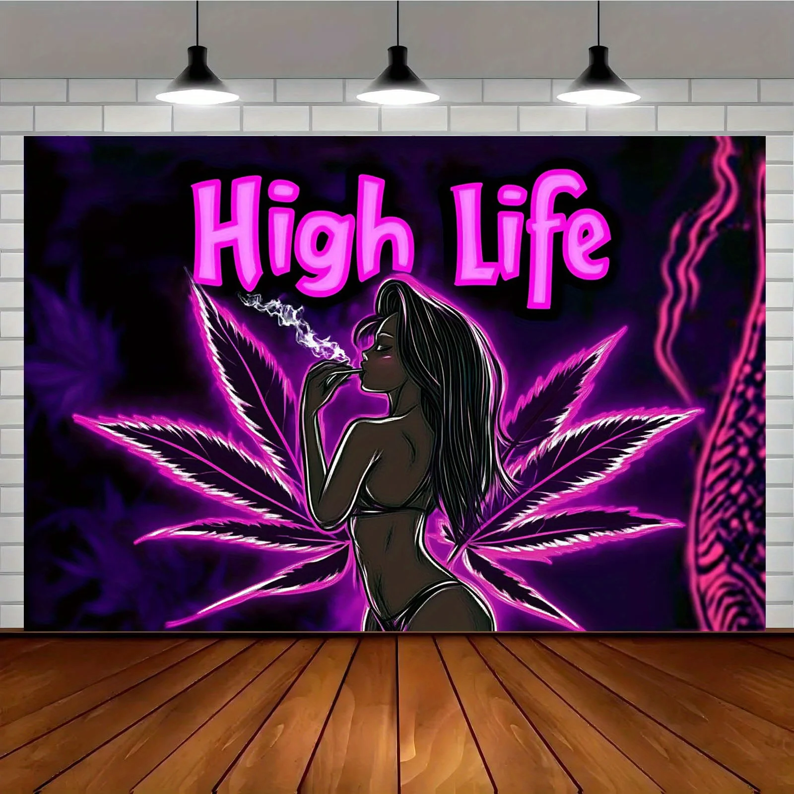 High Life Tapestry Neon Weed Art Female Silhouette Psychedelic Wall Hanging Boho Decor Free Hooks Included Simple Installation