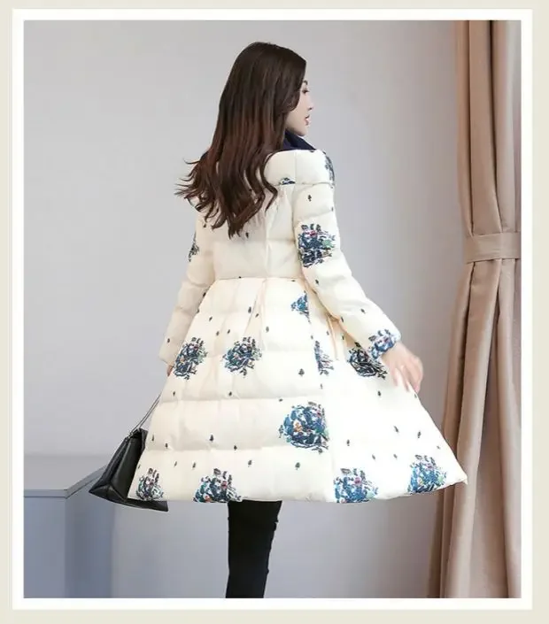 Cotton Jacket Women's Medium Long 2026 Winter New Korean Version Slim Print Thick Cotton Cloak Jacket Female Warm Parka Overcoat