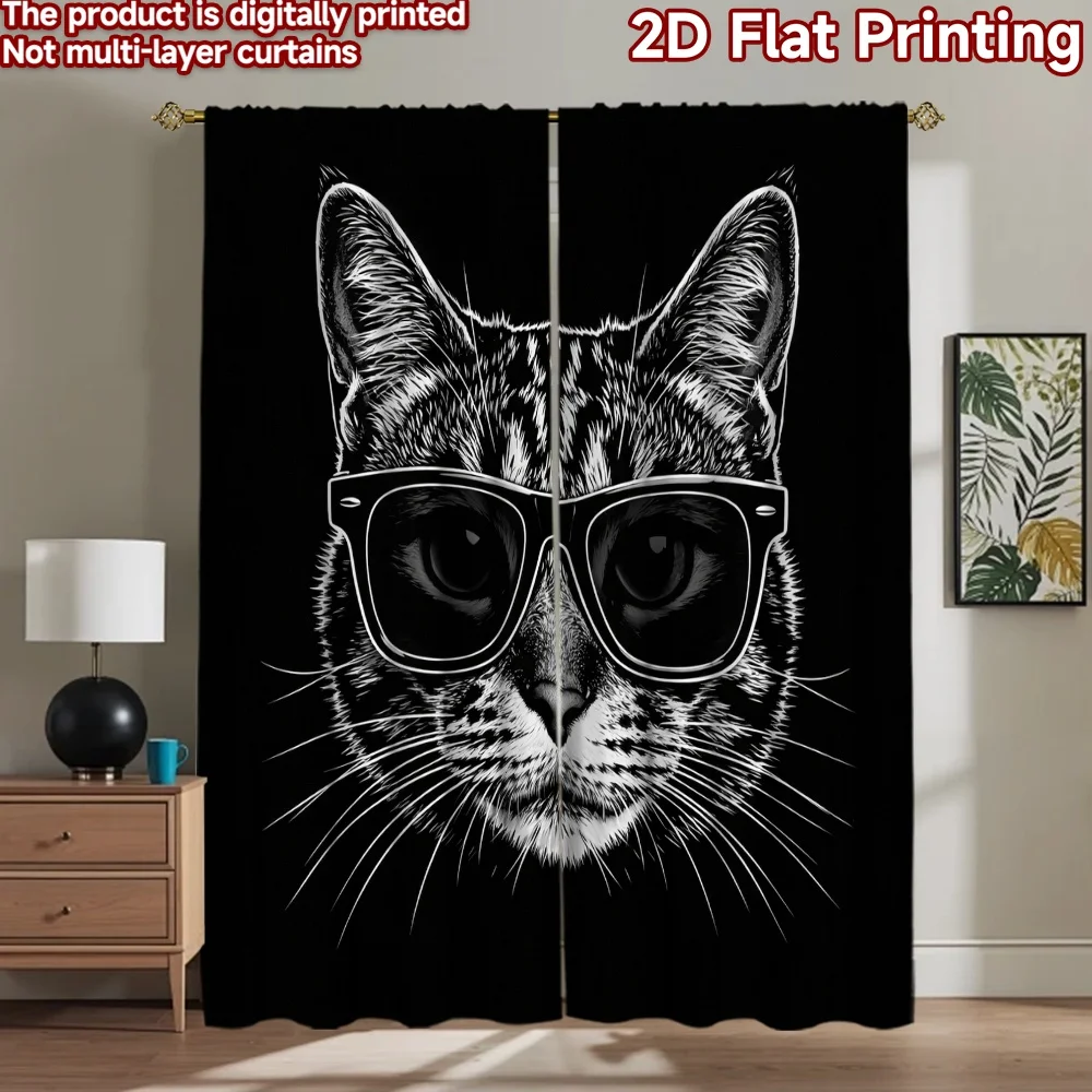 2D flat printing 2pcs Curtain Window Drapes Cat Silhouette Glow Digital Printed Polyester Drapes Festive Wall Decor Perfect for
