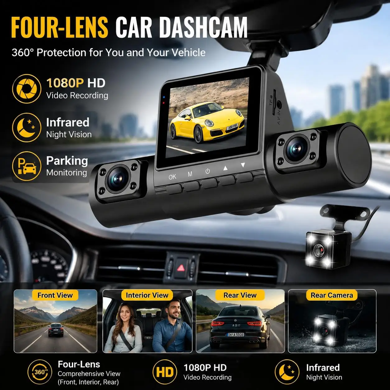 4 Lens Dash Cam 1080P Full HD 360 Degree View Car DVR 3.16 Inch IPS Screen Night Vision G Sensor Loop Recording Parking Monitor Wide Angle Laptop Connection Dashboard Camera for Complete Interior Exterior Safety Professional Vehicle Driving Recorder