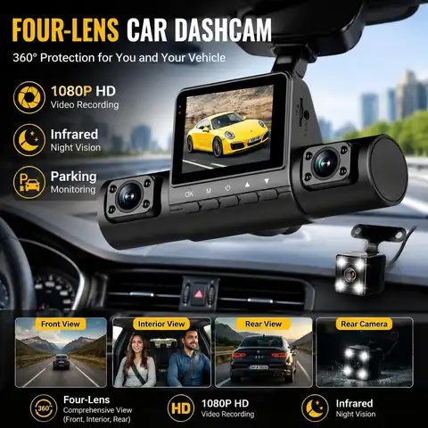 4 Lens Dash Cam 1080P Full HD 360 Degree View Car DVR 3.16 Inch IPS Screen Night Vision G Sensor Loop Recording Parking Monitor Wide Angle Laptop Connection Dashboard Camera for Complete Interior Exterior Safety Professional Vehicle Driving Recorder