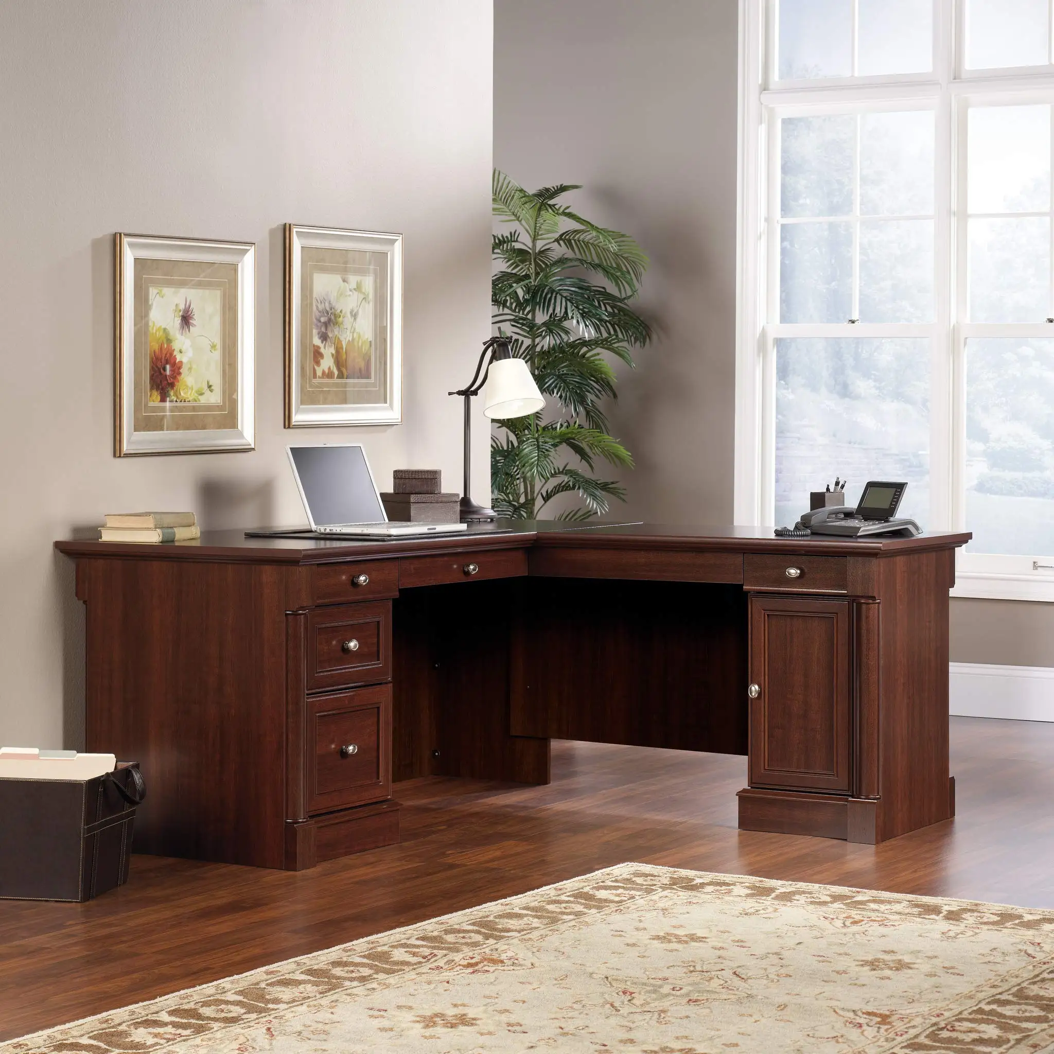Palladia L Shaped Desk with Drawers, Office Desk with File Cabinet Storage, Cable Management, Keyboard Tray, in Select