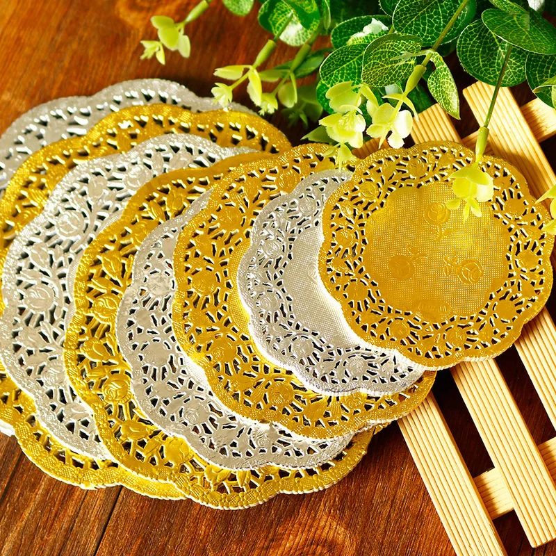 50pcs Paper Lace Doilies Golden Silver Rose Round Paper Pad Placemats for Cakes Crafts Wedding Birthday Party Tableware Decor