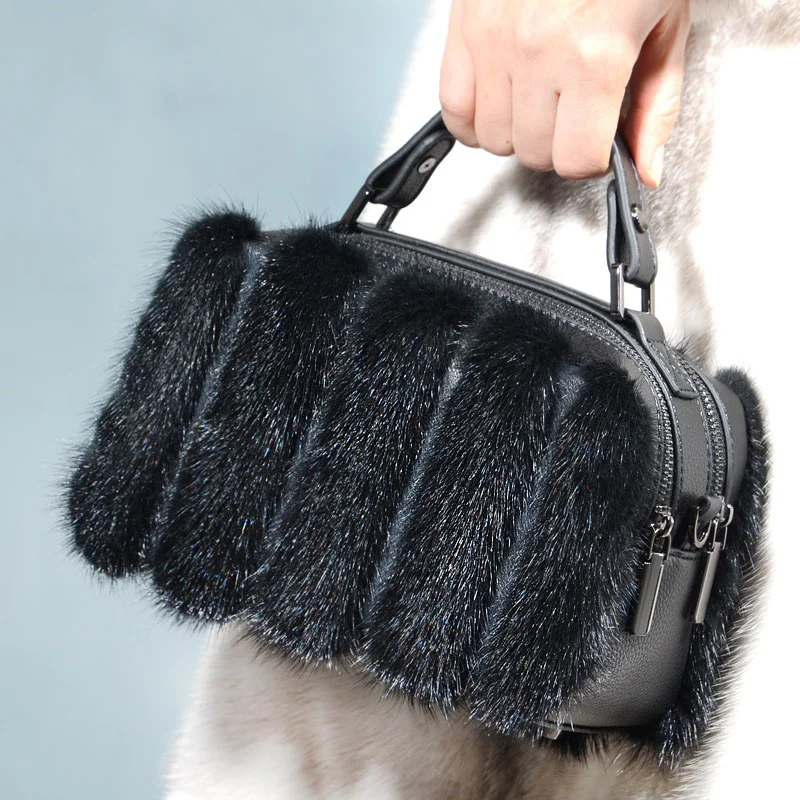 Bolso cuadrado pequeño con doble cremallera para mujer, bolso de hombro con pelo de visón Real, bolso de mano de cuero elegante para Banquete de alta gama, nuevo