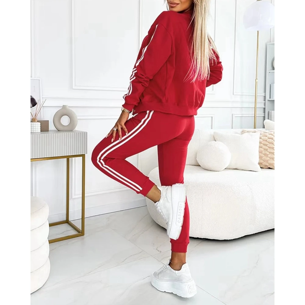 Women Autumn Three Pieces Elegant Pants Sets Striped Tape Patch Tank Top & Cuffed Pants Set With Buttoned Jacket