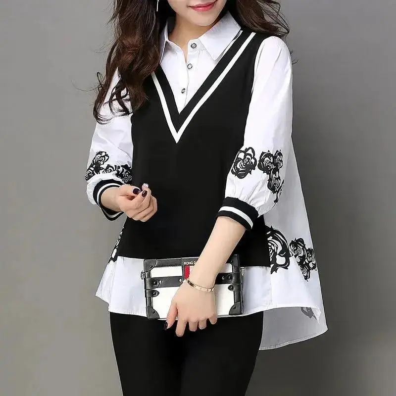 

POLO Collar Large Size Women Wear Fat Mm Cover Belly Korean Version Loose Plus Fat Seven Cuff False Two Fashionable Bottom Shirt