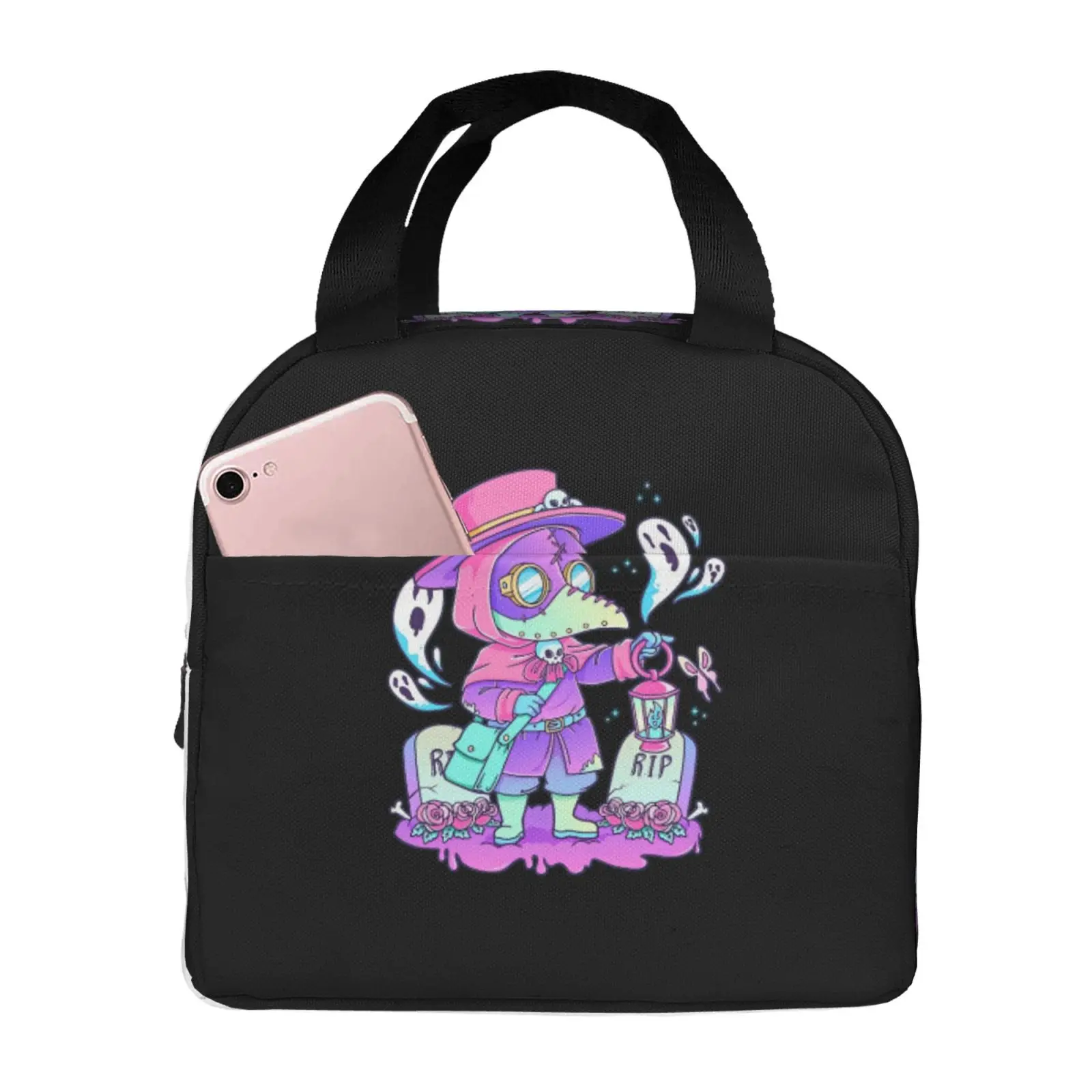Pastel Goth Cute Creepy Plague Doctor Lunch Tote Bag Insulated Leakproof Lunch Box Container with Front Pocket for Girls Boys