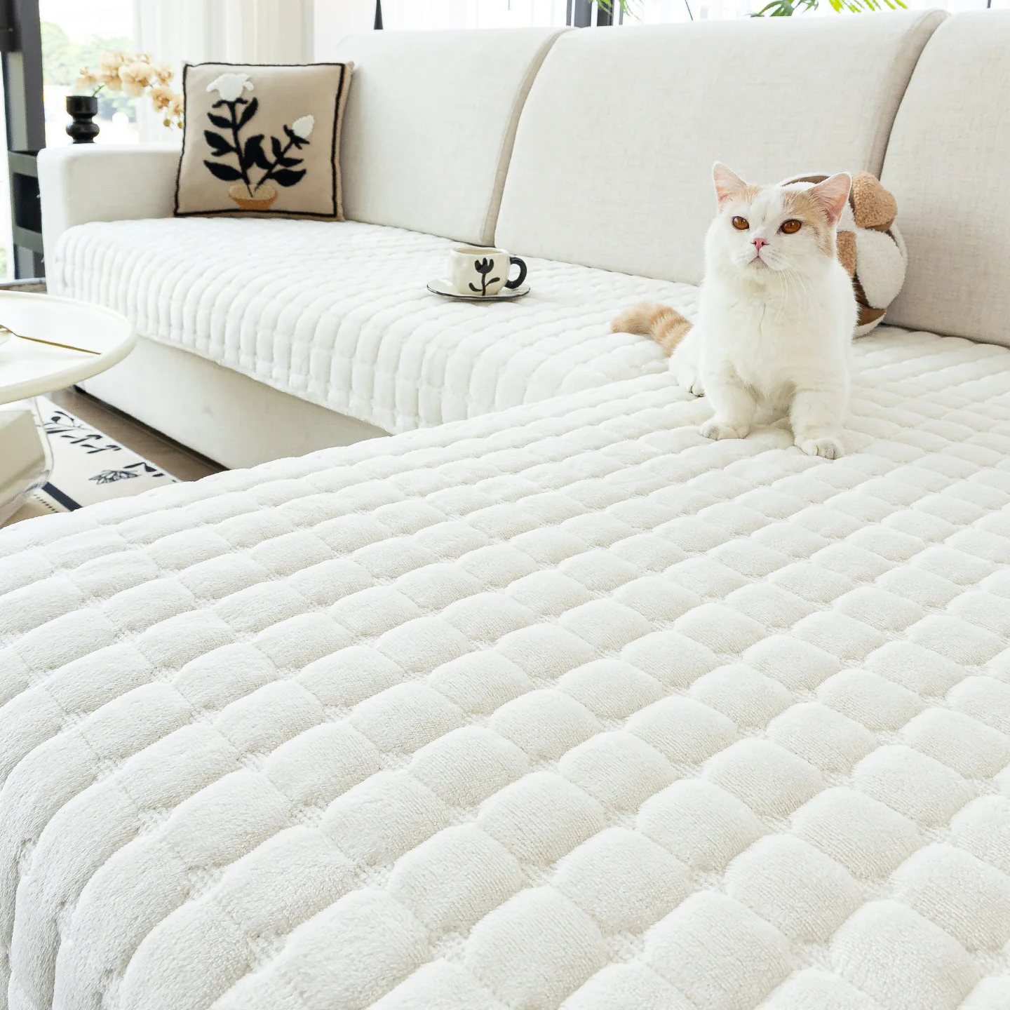 Thick Flannel Sofa Cushion Warm Non-Slip Plush Seat Pads Dust-Proof Living Room General Solid Color Sofa Covers Back Towel
