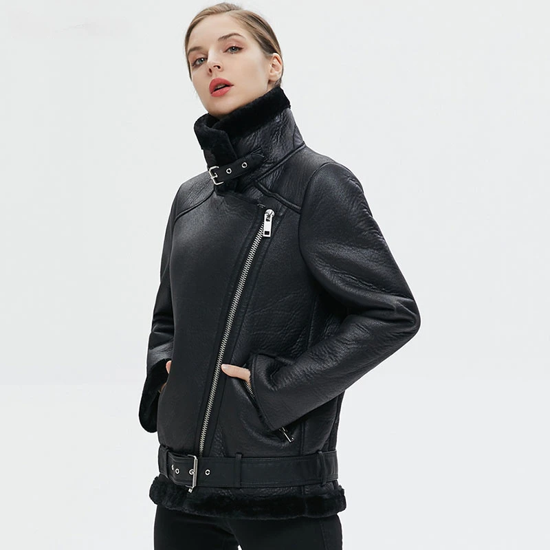 Thickened Warm Faux Leather Fleece Coat Women 2025 New High-end Simple Solid Casual Winter Motorcycle Jacket with Belt