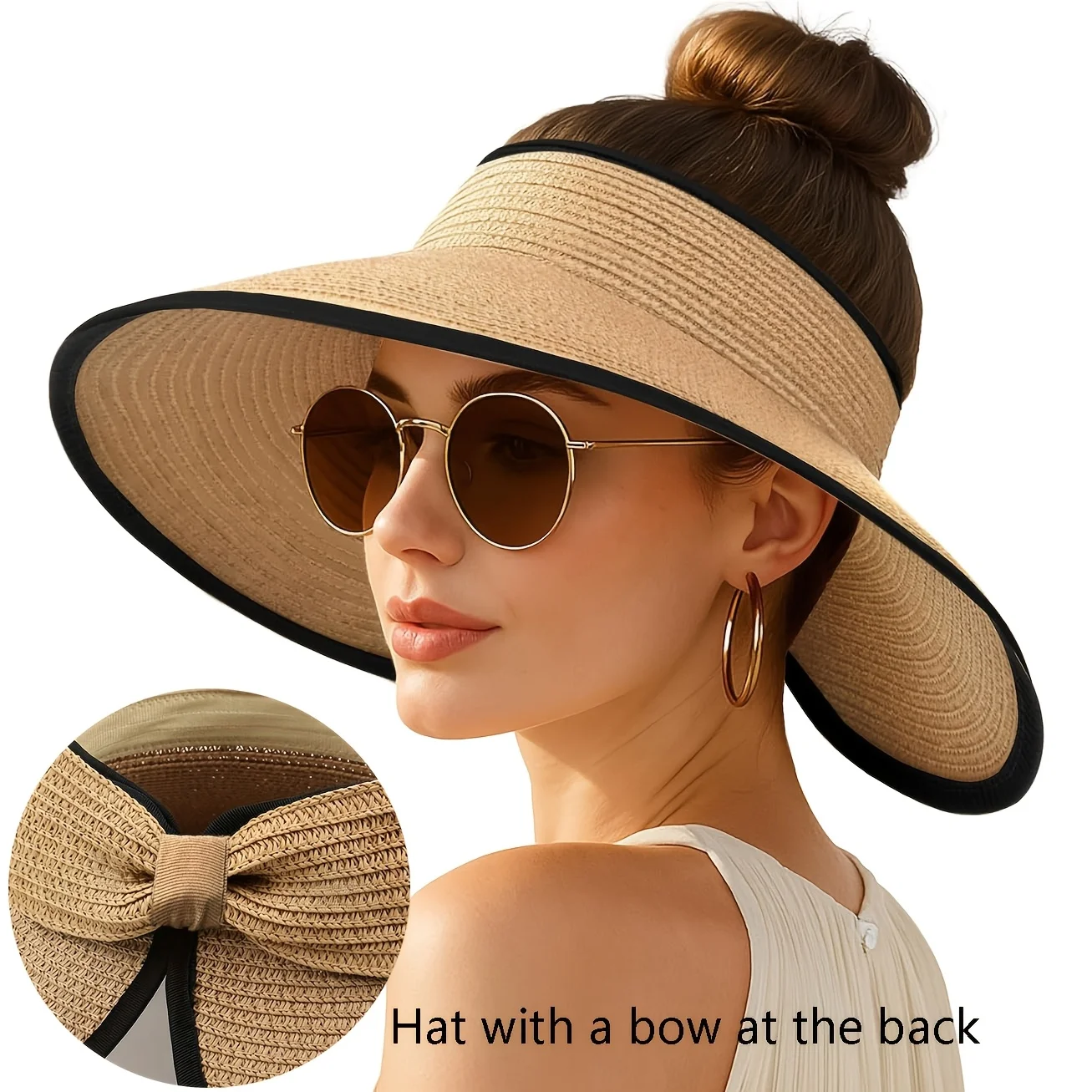 Two-color edge empty top foldable straw hat, women's summer fashion black edge curled hat, sun protection sun hat, seaside vacation travel gift