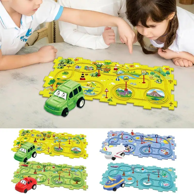 Kids Rail Car Set Plastic Floor Puzzles Racer Track for 3 4 5 6 Year Old Boys Learning Educational Montessori Toys Brain Toys