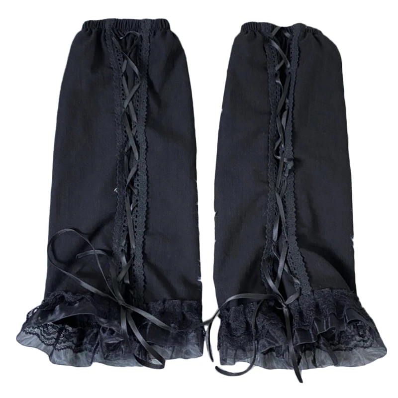 

Women Girl Gothic Punk Black Leg Warmers Harajuku Lace-Up Bandage Calf Socks Ruffled Lace Foot Cover Dropship