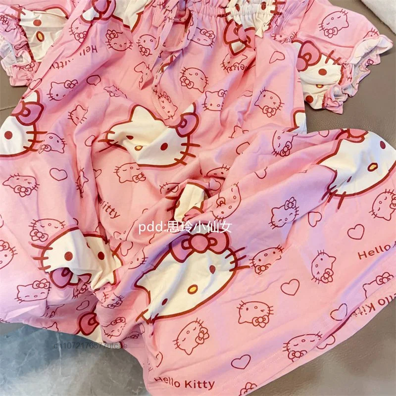 Hello Kitty Nightdress Women\'s Cute Cartoon Sanrio Nightwear Summer New Short Sleeved Medium Length Casual Loose Home Nightgowns