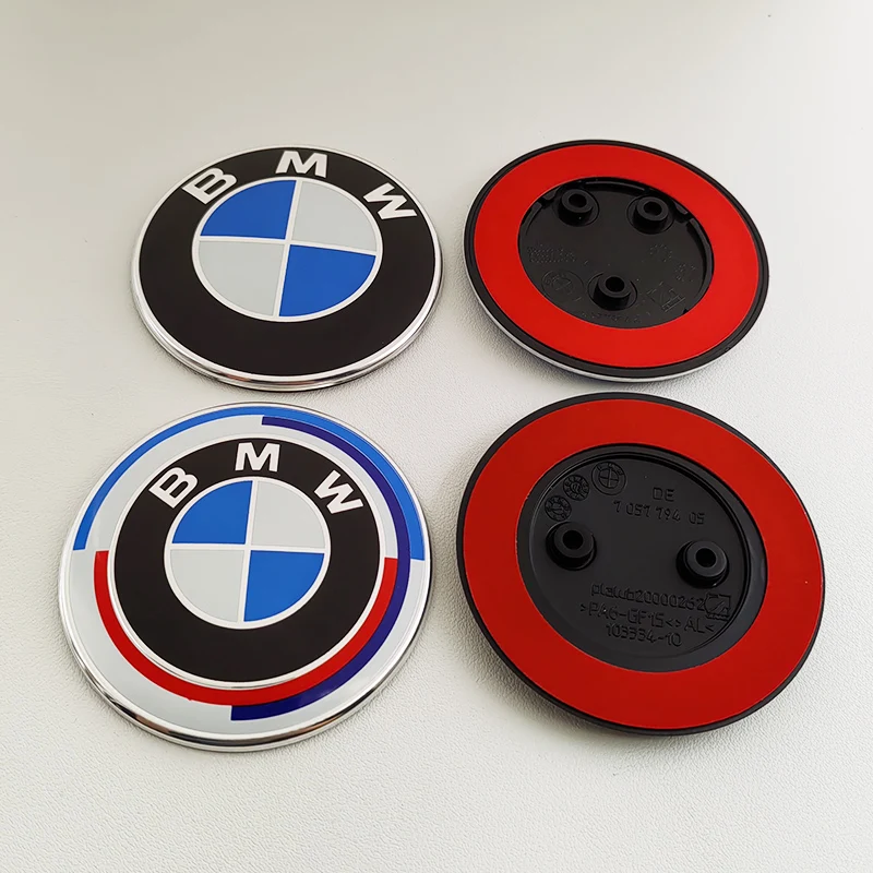 Insignia de capó delantero de coche, insignia de maletero trasero para BMW F10 F30, emblema de aniversario de 82mm, 3d, ABS, azul y negro, accesorios