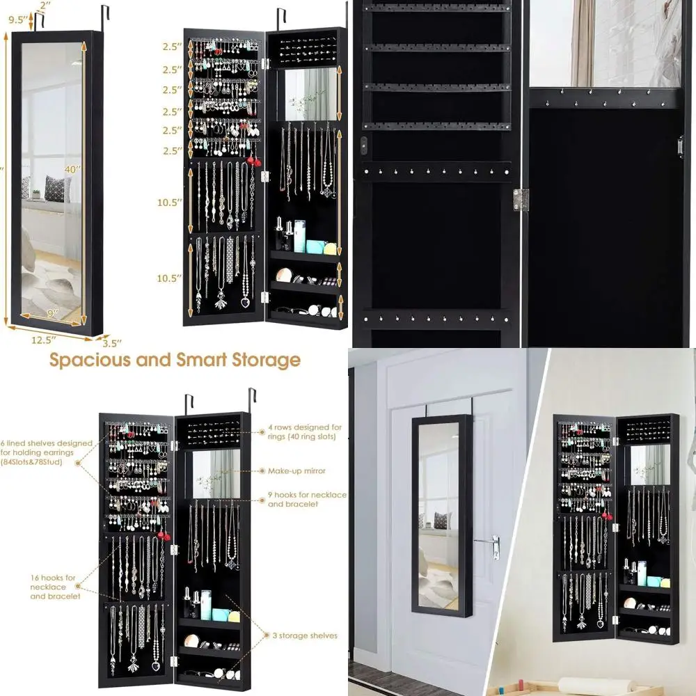 

Черный деревянный настенный шкаф для украшений с зеркалом в полный рост, внутренним зеркалом, 3 полками, 25 крючками и отсеками для серег