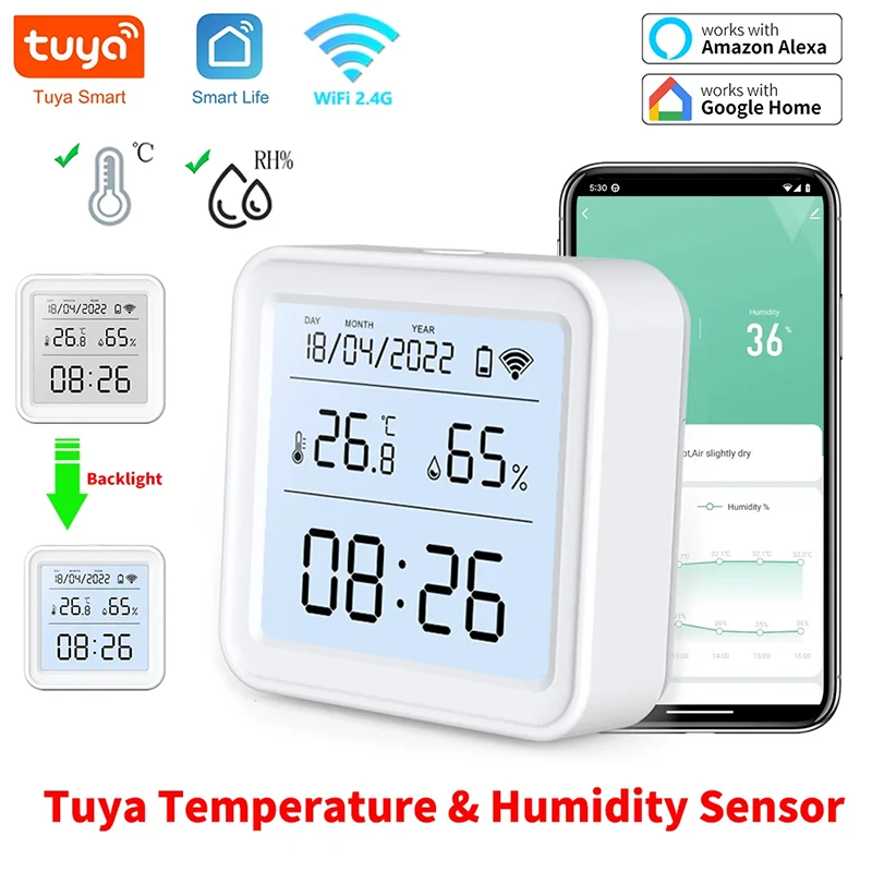 Tuya Smart WiFi Temperature and Humidity Sensor with LCD Screen Digital Display Wireless Thermometer Work with Alexa Google Home