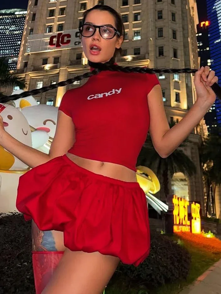 

New Casual 2 Piece Set Women Letter Print Shorts Sleeve Crop Tops+Puffy Skirt Simple Basic Matching Streetwear Outfits