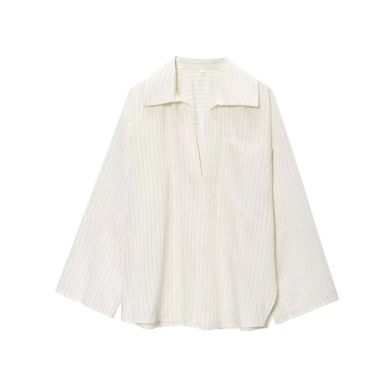 

TRAF Women Striped Shirt With Vents Asymmetric Hem Women's V Neck Shirts Simple Lady Johnny Collar Shirts & Blouses
