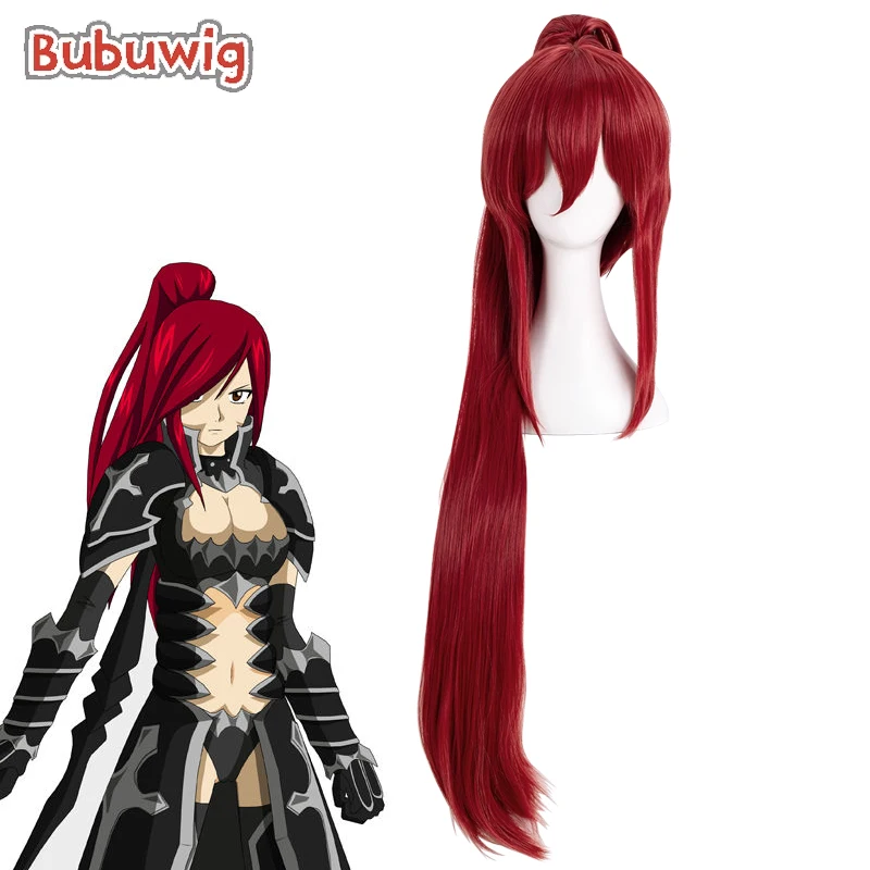 Bubuwig Synthetic Hair Erza Scarlet Cosplay Wigs Fairy Tail Erza Scarlet 100cm Long Straight Red Ponytail Cos Wig Heat Resistant