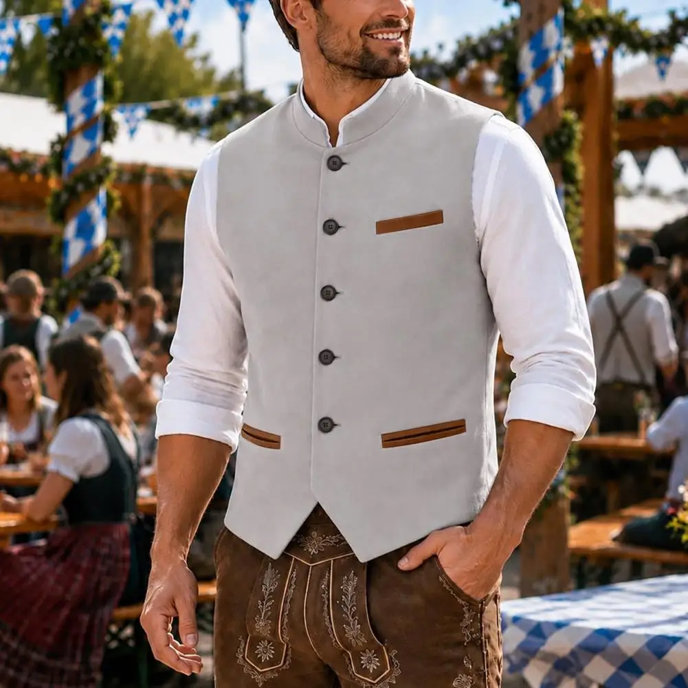 Stand Up Collar Waistcoat Retro Style Men’s Suede Vest Slim-fit Waistcoat with Stand-up Collar Single-breasted for Oktoberfest