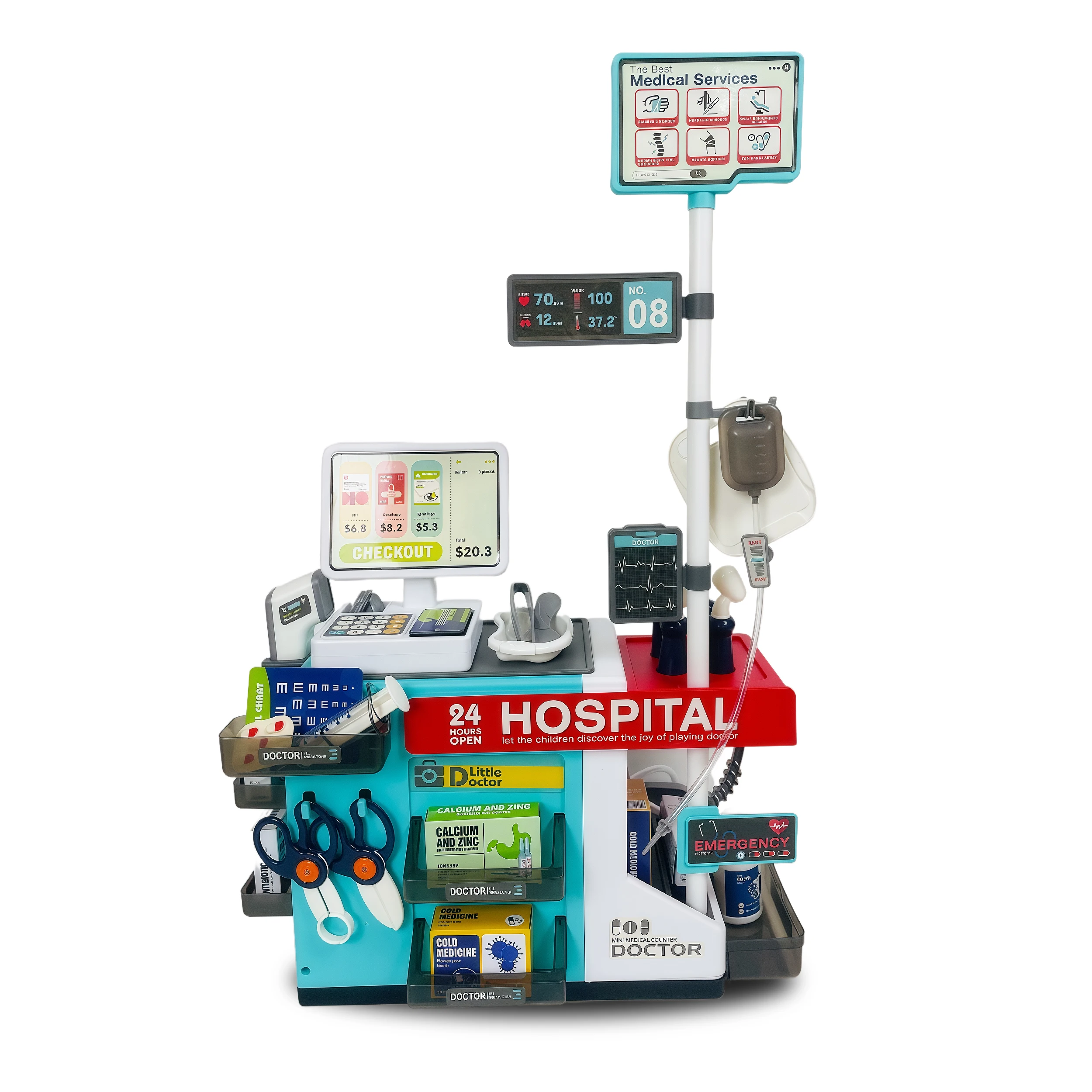 Pretend Doctor Toy Mobile Medical Station, Hospital-Themed Simulation Cashier Medical Tool Set